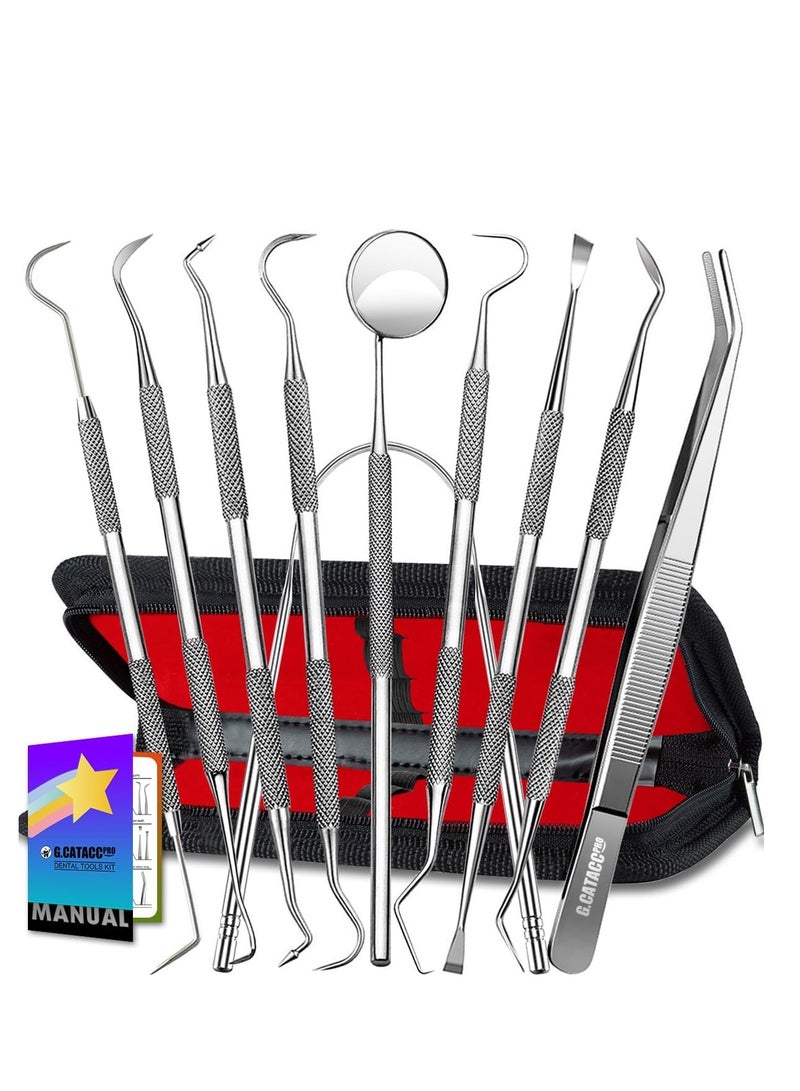 Dental Tools, 10 Pack Professional Plaque Remover for Teeth Cleaning Tools Set, Stainless Steel Dental Hygiene Kit with Dental Picks, Tartar Scraper, Tooth Scraper, Tongue Scraper- with Case