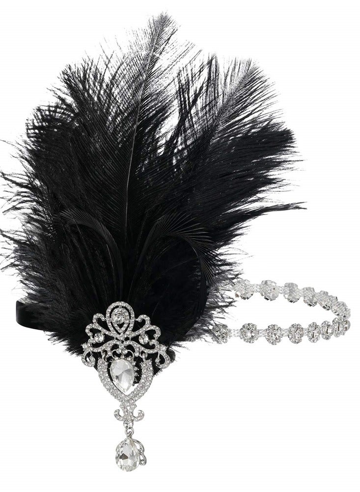 1920s Feather Headpiece, Womens Ostrich Feather Crystal Headband, Great Gatsby Hair Accessories for Women, Ribbon Tie, Flapper Accessories, Art Deco Headpiece (Black)
