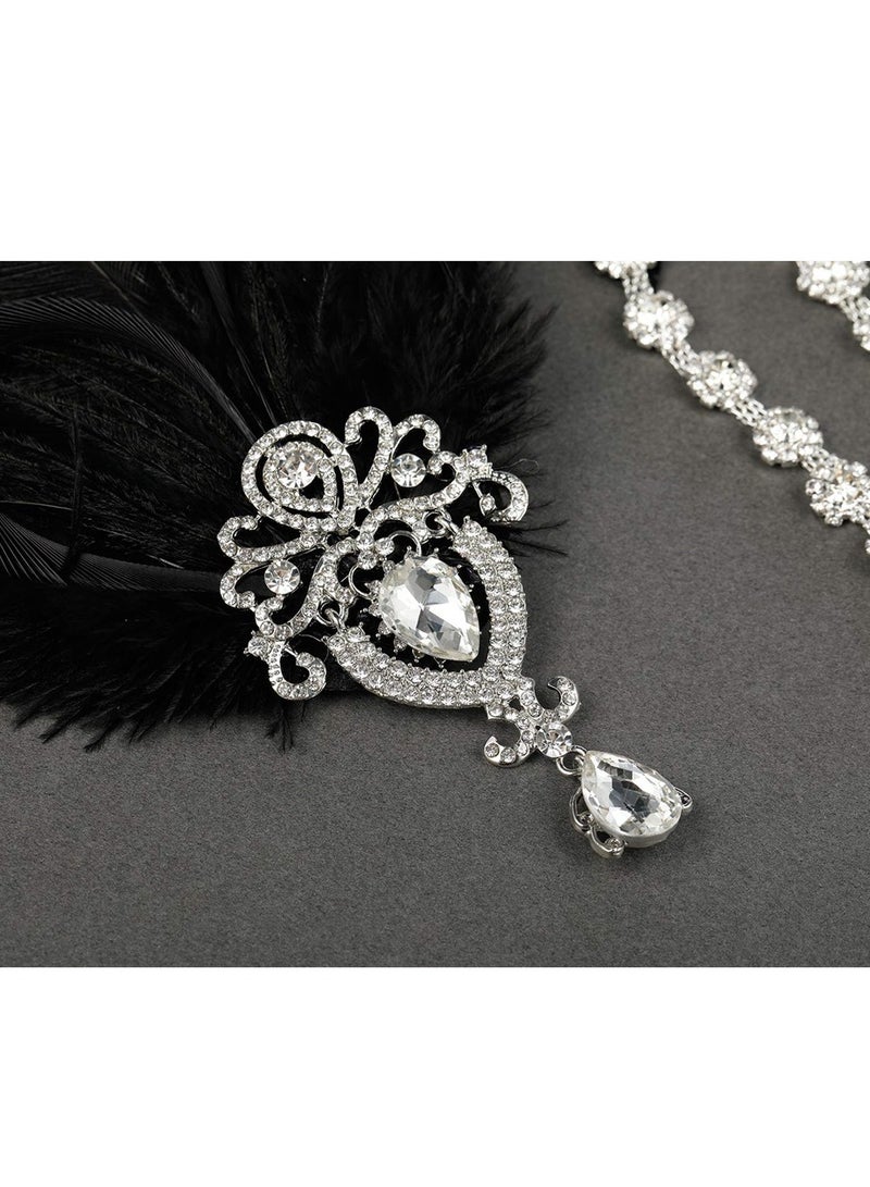 1920s Feather Headpiece, Womens Ostrich Feather Crystal Headband, Great Gatsby Hair Accessories for Women, Ribbon Tie, Flapper Accessories, Art Deco Headpiece (Black)