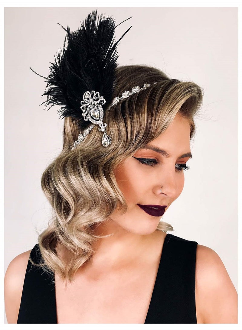 1920s Feather Headpiece, Womens Ostrich Feather Crystal Headband, Great Gatsby Hair Accessories for Women, Ribbon Tie, Flapper Accessories, Art Deco Headpiece (Black)