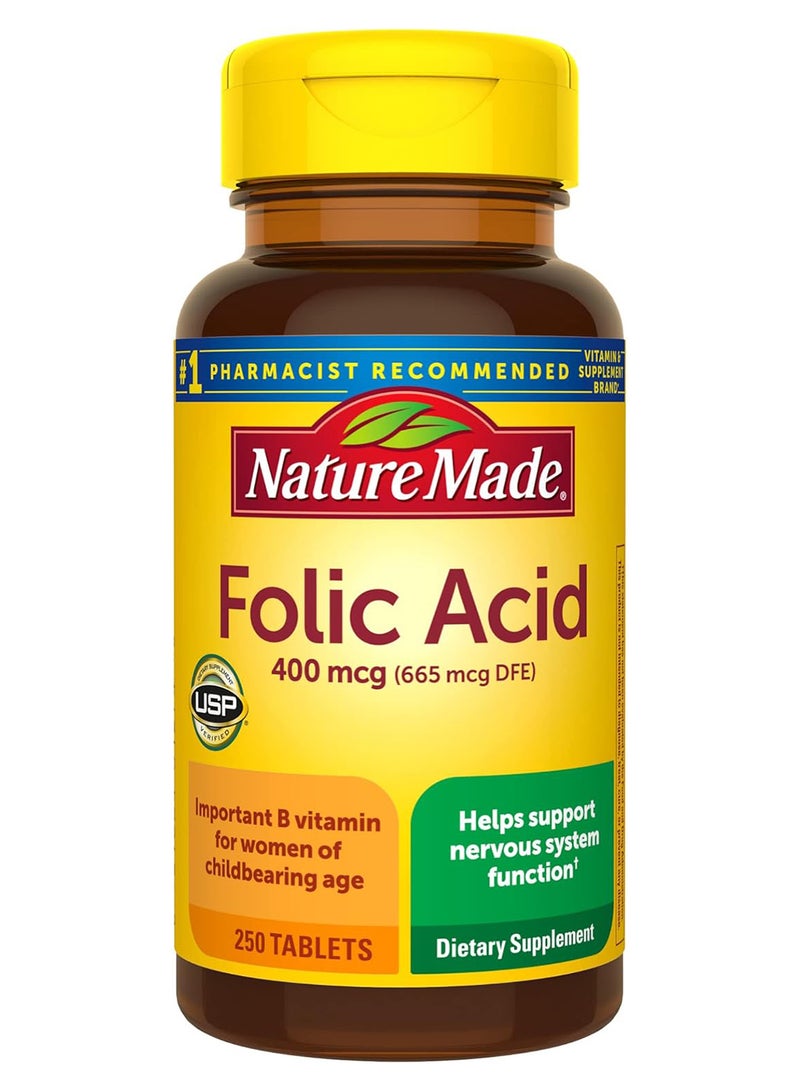 Folic Acid 400 Mcg 665 Mcg Dfe Dietary Supplement For Nervous System Function 250 Tablets 250 Day Supply