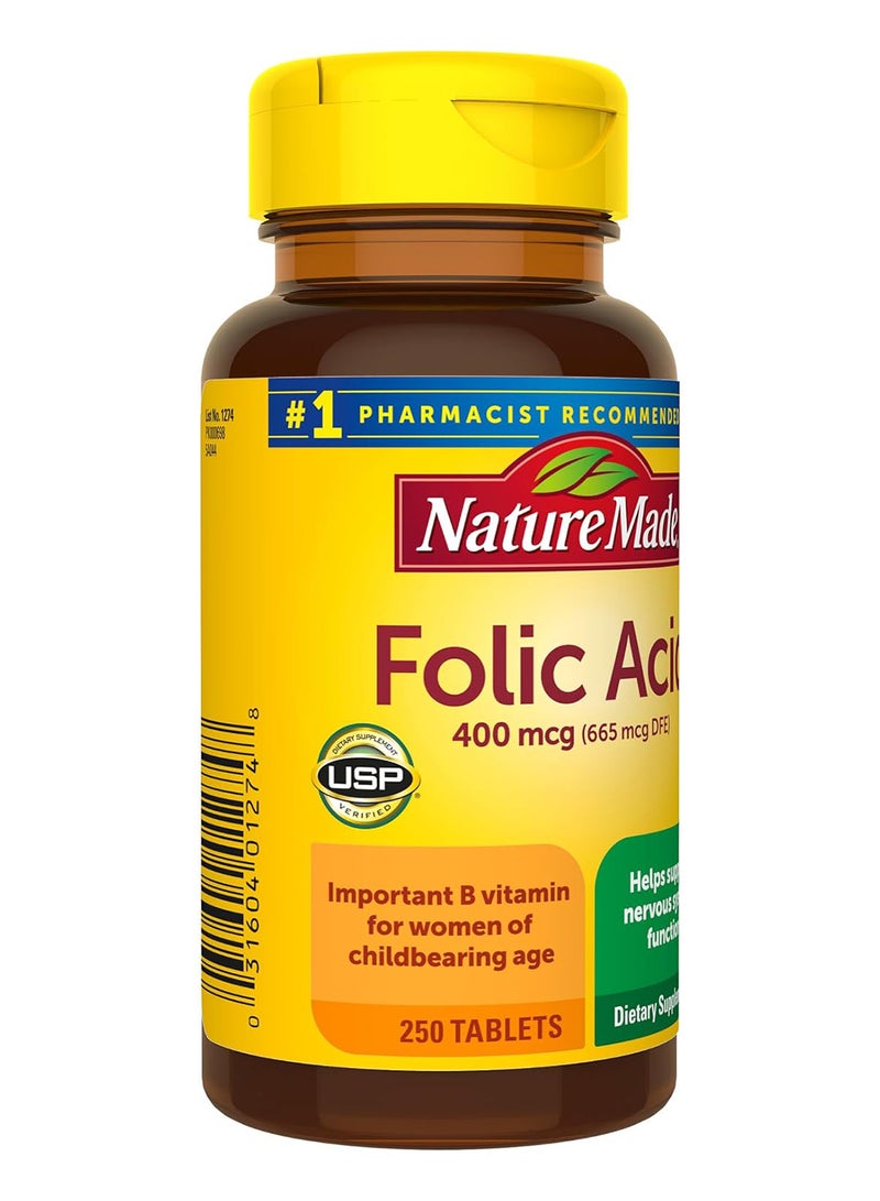 Folic Acid 400 Mcg 665 Mcg Dfe Dietary Supplement For Nervous System Function 250 Tablets 250 Day Supply