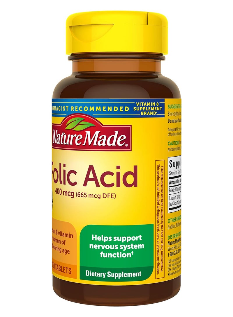 Folic Acid 400 Mcg 665 Mcg Dfe Dietary Supplement For Nervous System Function 250 Tablets 250 Day Supply