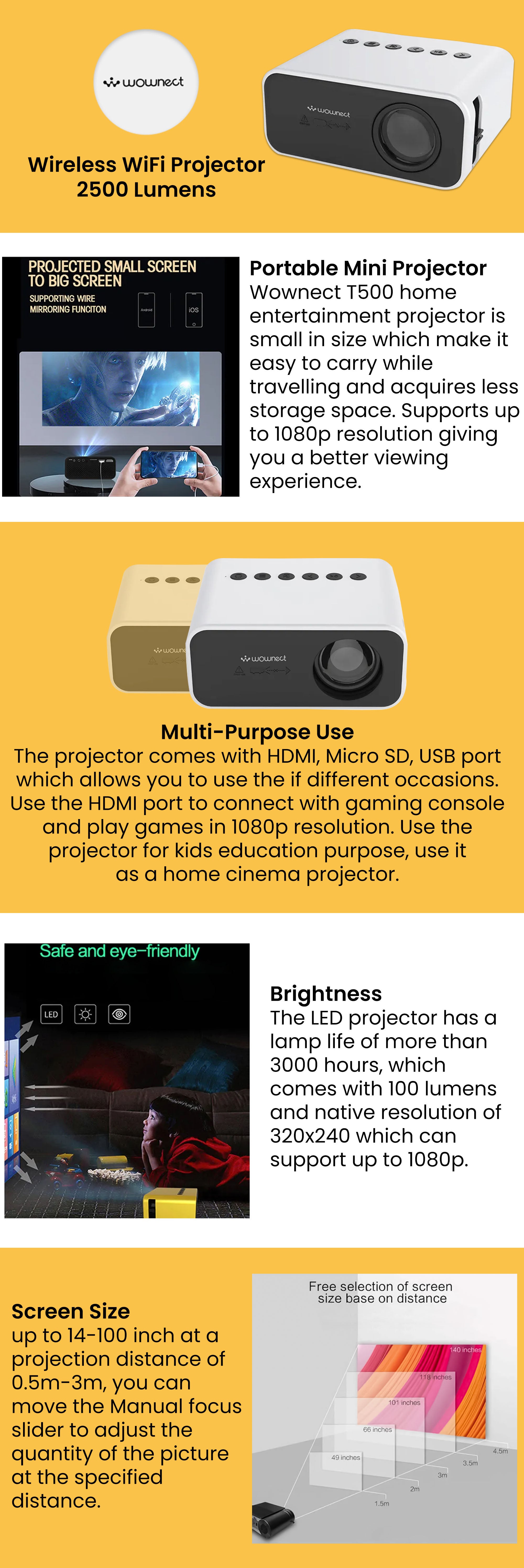 Mini Projectors 100 Lumens/Ideal Screen Size Upto 80 Inch For Kids/Small Room Native Res 360X240P Home Theater Portable Compatible With Hdmi, Usb, Av PROJ-WO-57-W White