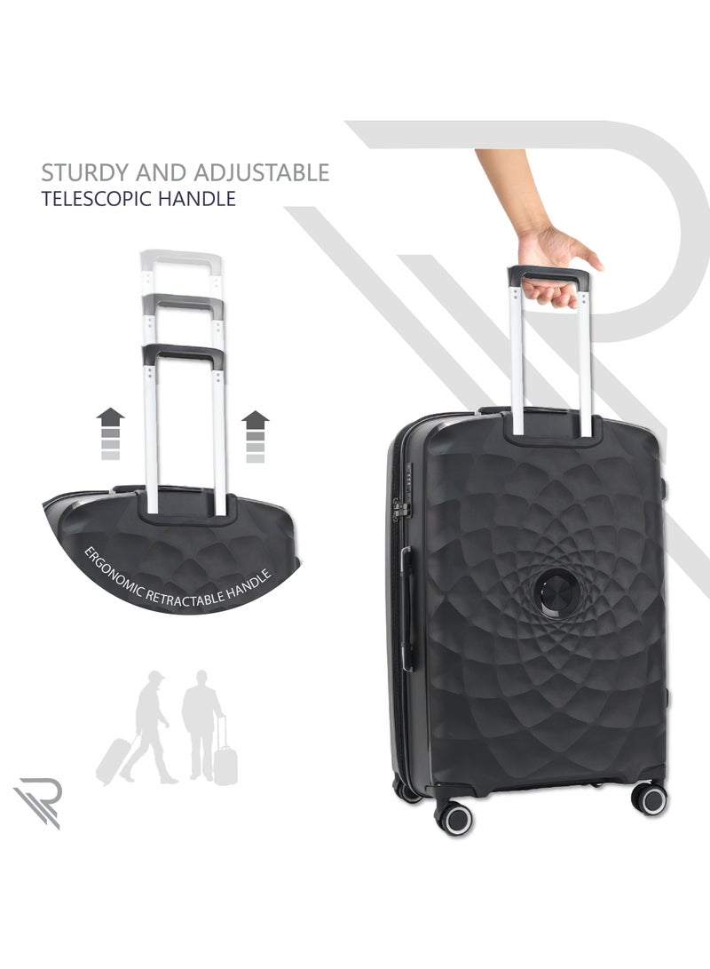 Paris Set of 3 Suitcase Luggage Trolley Bag Black with Durable and Lightweight PP Hard-shell, 3 Level Telescopic Handle, 4 Quiet 360° Wheels and TSA Lock