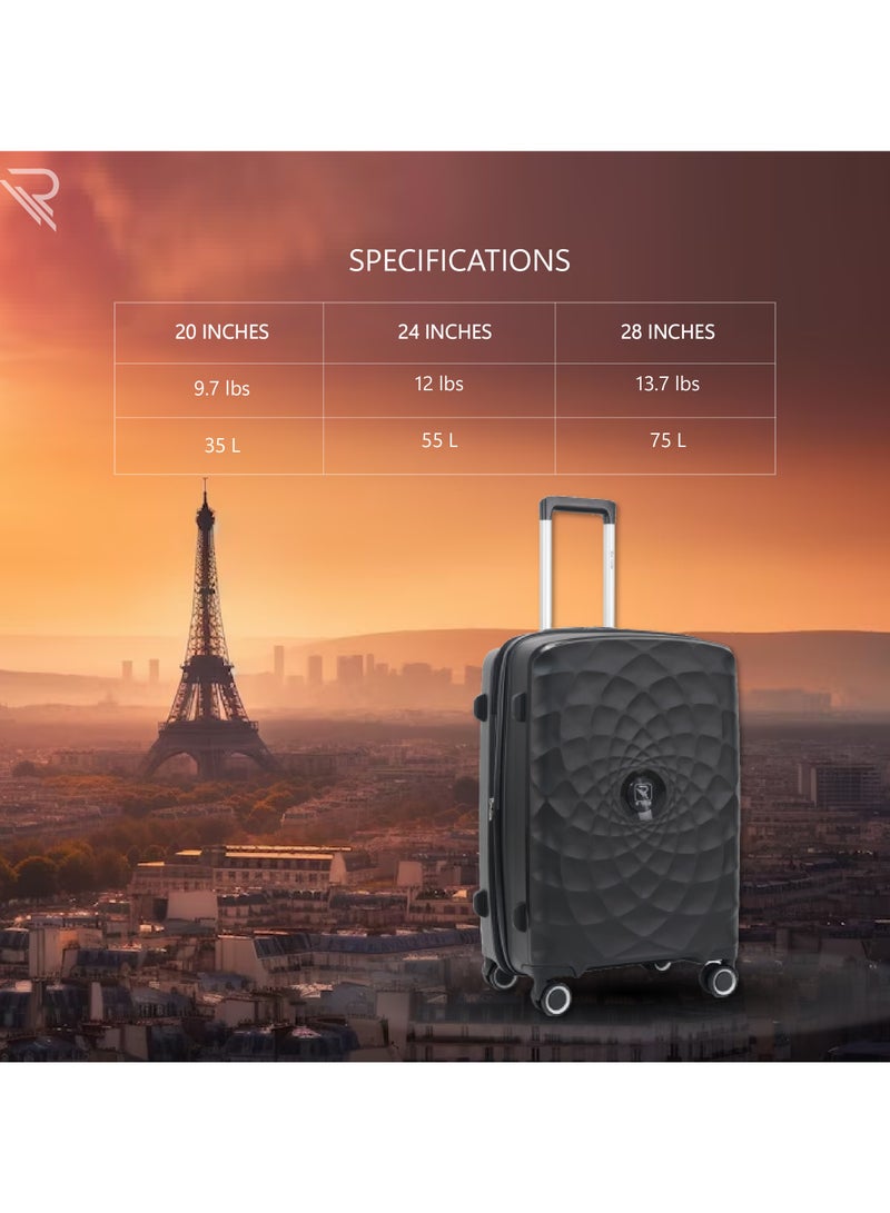 Paris Set of 3 Suitcase Luggage Trolley Bag Black with Durable and Lightweight PP Hard-shell, 3 Level Telescopic Handle, 4 Quiet 360° Wheels and TSA Lock