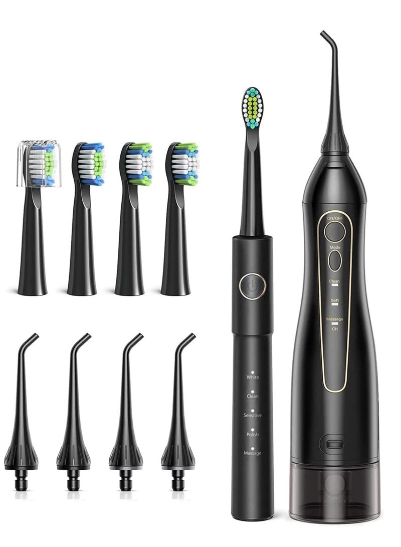 Intelligent Ultrasonic Toothbrush And Oral Irrigator Water Flosser Oral Care Combo Pack USB Rechargeable 3 Modes 300ML 9 Piece Black