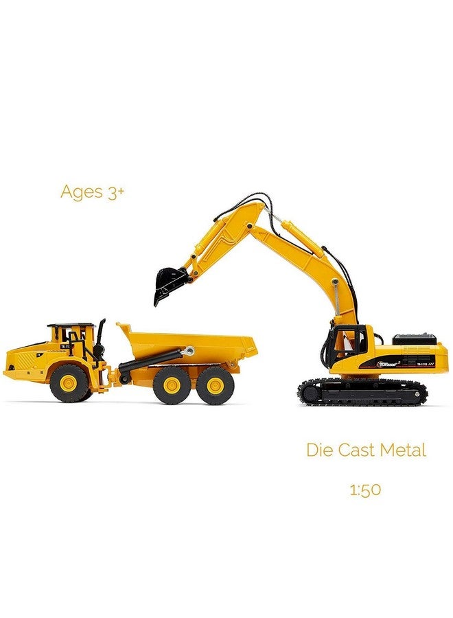 Construction Truck And Excavator Toy Set 2 Diecast Metal Vehicle Toys For Kids 8+ ; Remote Control Excavator For Adults ; Yellow & Black Excavator And Dump Truck Toys