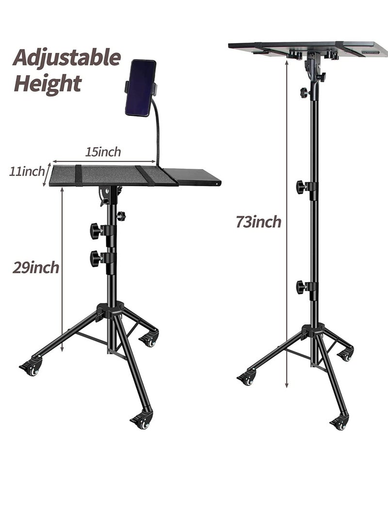 Universal Workstation Projector Tripod Stand with Wheels, Phone Holder [Adjustable Height upto 61” Tiltable 180 Degrees] Rolling Laptop Desk Tripod For Stage, Studio