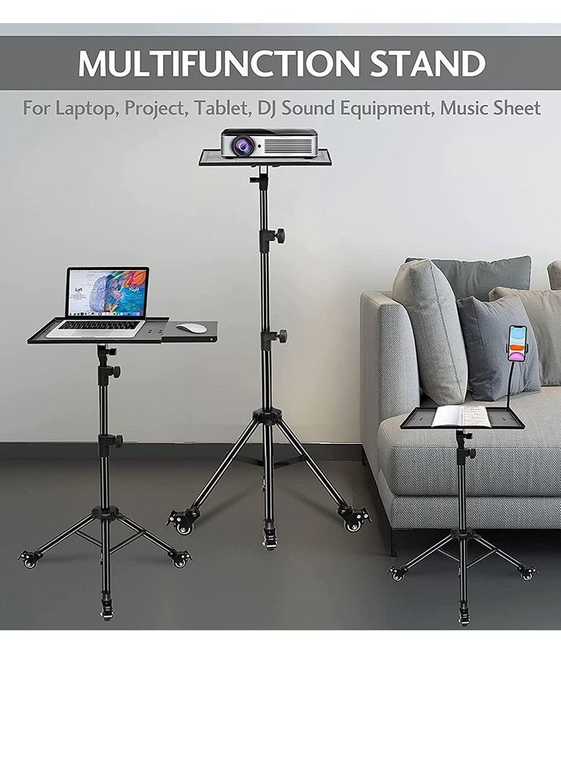 Universal Workstation Projector Tripod Stand with Wheels, Phone Holder [Adjustable Height upto 61” Tiltable 180 Degrees] Rolling Laptop Desk Tripod For Stage, Studio