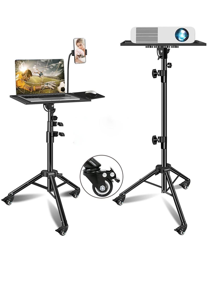 Universal Workstation Projector Tripod Stand with Wheels, Phone Holder [Adjustable Height upto 61” Tiltable 180 Degrees] Rolling Laptop Desk Tripod For Stage, Studio