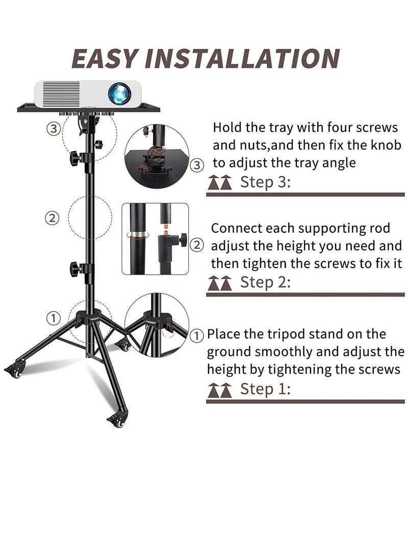 Universal Workstation Projector Tripod Stand with Wheels, Phone Holder [Adjustable Height upto 61” Tiltable 180 Degrees] Rolling Laptop Desk Tripod For Stage, Studio