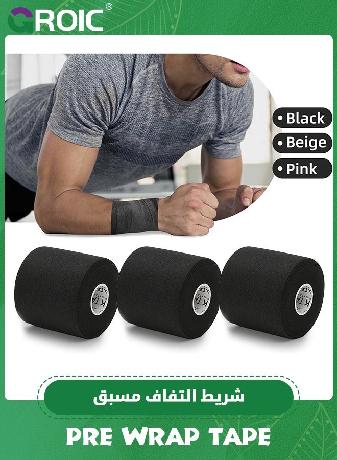 3-Rolls Pre Wrap Tape, OK TAPE Athletic Foam Underwrap for Sports, Protect for Ankles Wrists Hands and Knees, 2.75 Inches x 30 Yards - Black, 3-Rolls