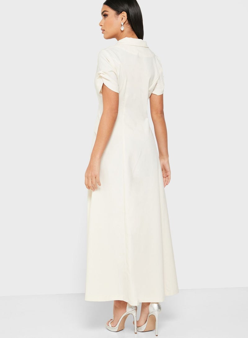 Wrap Front Double Breasted Maxi Dress Off-White