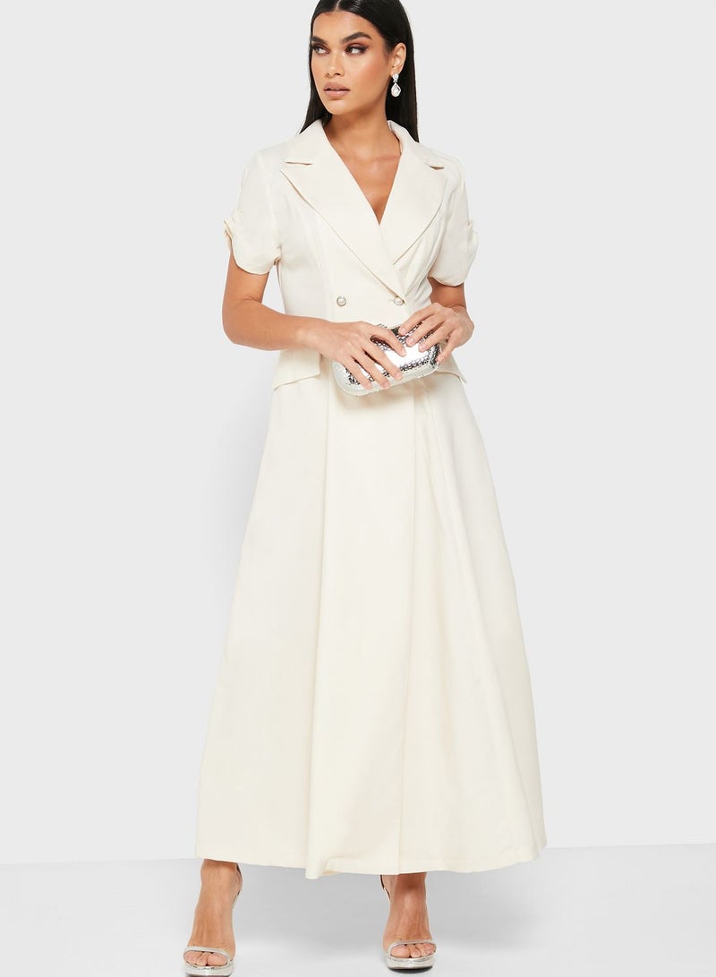 Wrap Front Double Breasted Maxi Dress Off-White