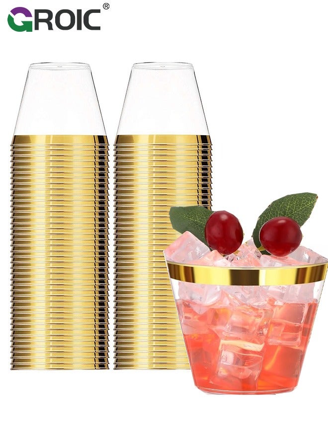 25 Pack 9 oz Gold Plastic Cups, Clear Plastic Cups Tumblers, Elegant Gold Rimmed Plastic Cups, Disposable Cups with Gold Rim Perfect for Weddings,Party,Party Supplies