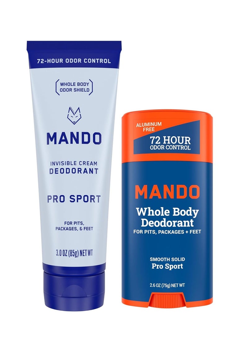 Mando Whole Body Deodorant - Invisible Cream and Solid Formulas - 72 Hour Odor Control - Aluminum & Baking Soda Free - Skin Safe - 3 oz Cream & 2.6 oz Solid Bundle - Pro Sport