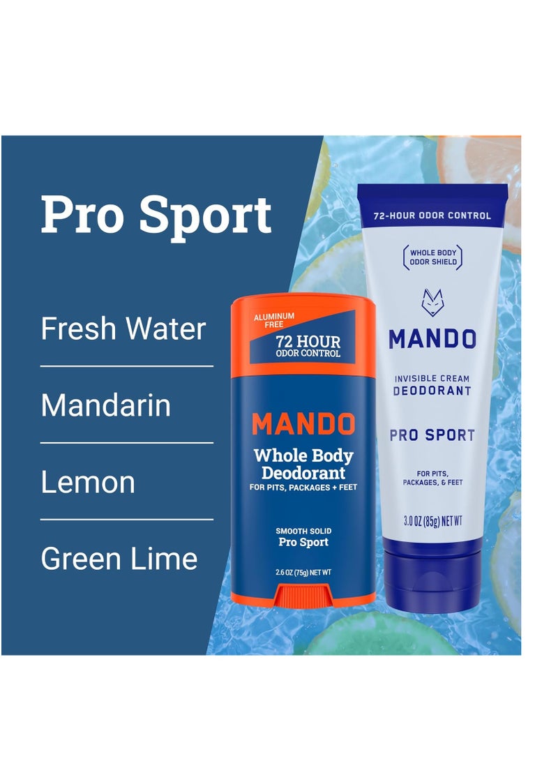 Mando Whole Body Deodorant - Invisible Cream and Solid Formulas - 72 Hour Odor Control - Aluminum & Baking Soda Free - Skin Safe - 3 oz Cream & 2.6 oz Solid Bundle - Pro Sport