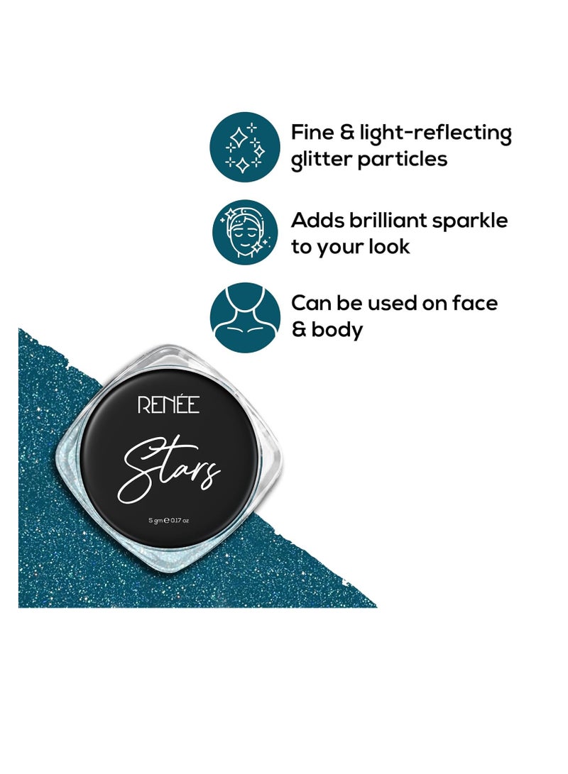 RENEE Stars Face and Body Glitter Blue 5 Gm SafeSkin Friendly Cruelty Free Light Reflecting Sparkle  Long Lasting  Lightweight Makeup Look for Parties Music Festival  Easy to Apply and Remove