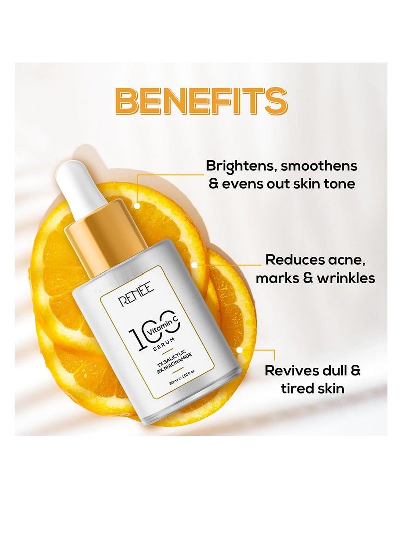 RENEE 15% Vitamin C 1% Salicylic and 2% Niacinamide Face Serum for Glowing Skin  Reduces Dark Spots  Acne Fine Lines and Wrinkles  Smoothens Brightens and Evens Out  for All Skin Type   30 Ml