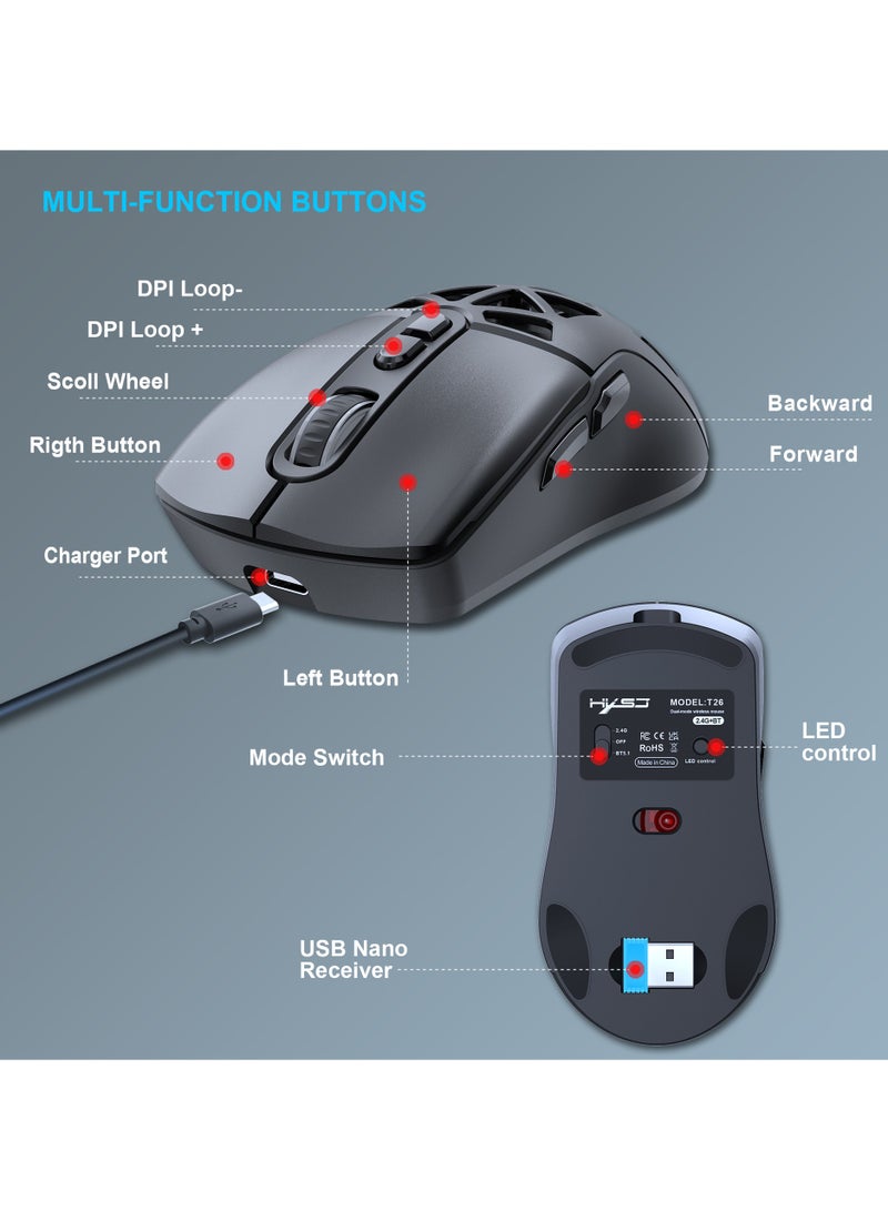 HXSJ New T26 Dual-Mode Wireless Mouse RGB Backlight 4800dpi built-in 650mAh rechargeable battery BT5.1