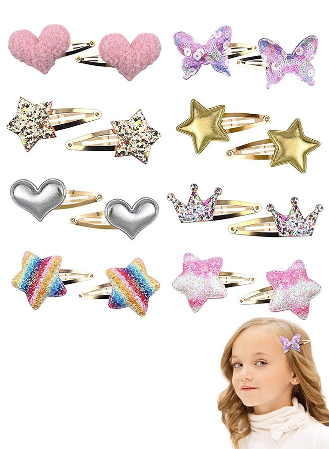 8 Pairs Cute  Metal Snap Pins Sparkly Hair Clips, Hair Barrettes Styling Accessories for Girls Kids, Baby Girls Star, Crown, Heart, Butterfly Barrettes