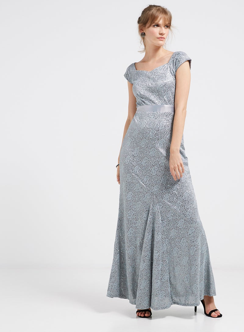 Sequin Detailed Solid Maxi Dress Grey