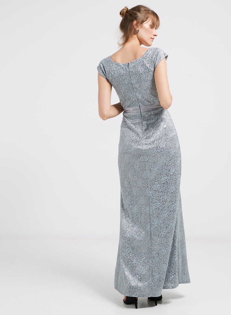 Sequin Detailed Solid Maxi Dress Grey