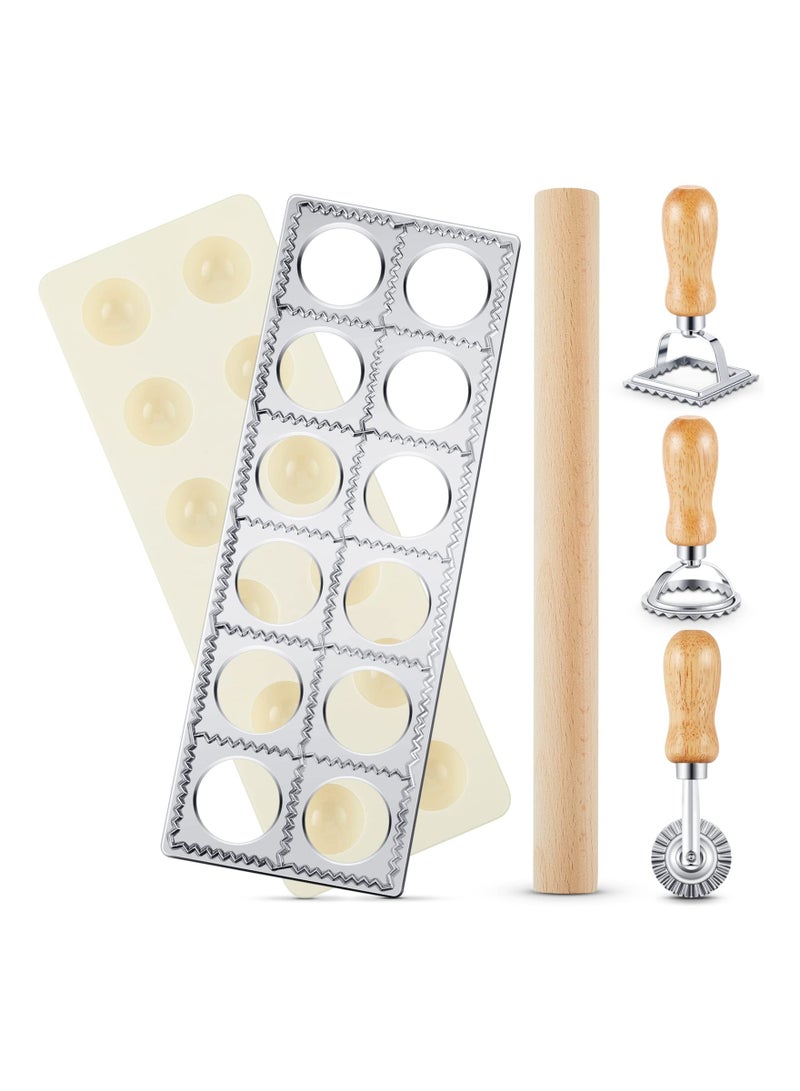 5 Pieces Ravioli Mold Set, Ravioli Maker 12 Holes Ravioli Maker Press Ravioli Stamp Maker Cutter with Wood Rolling Pin Ravioli Stamp Pasta Making Kit for Ravioli Press Mold Pasta Making Tools