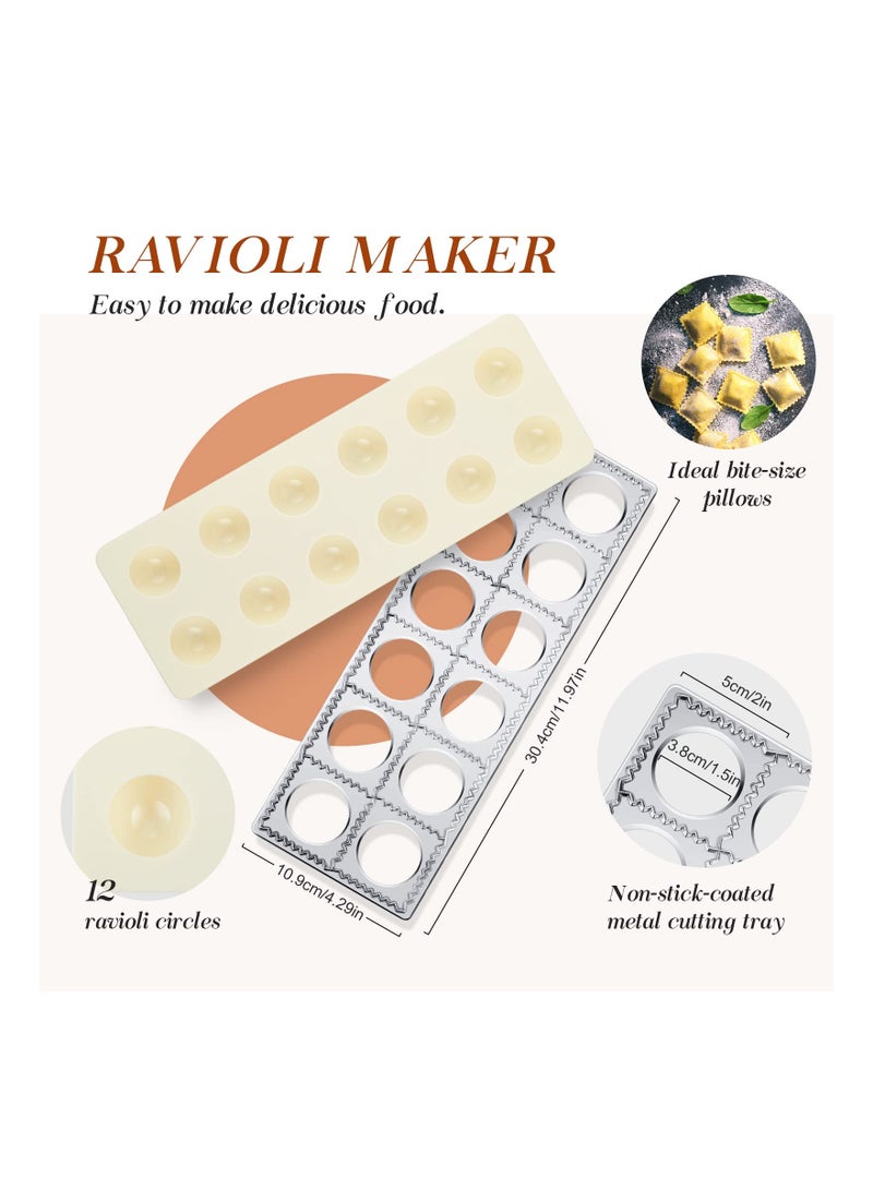 5 Pieces Ravioli Mold Set, Ravioli Maker 12 Holes Ravioli Maker Press Ravioli Stamp Maker Cutter with Wood Rolling Pin Ravioli Stamp Pasta Making Kit for Ravioli Press Mold Pasta Making Tools