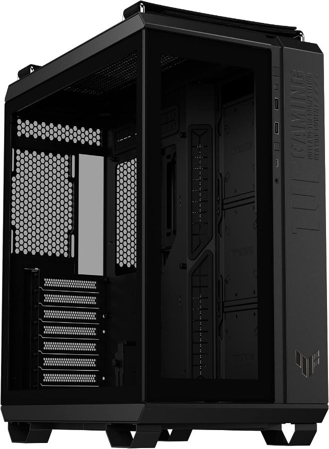 TUF Gaming GT502 Dual Chamber Chassis - Front Panel High-Speed USB Type-C​ Tool-Free Side Panels Panoramic View​ TUF Gaming-Style Woven Straps Fully Modular Design