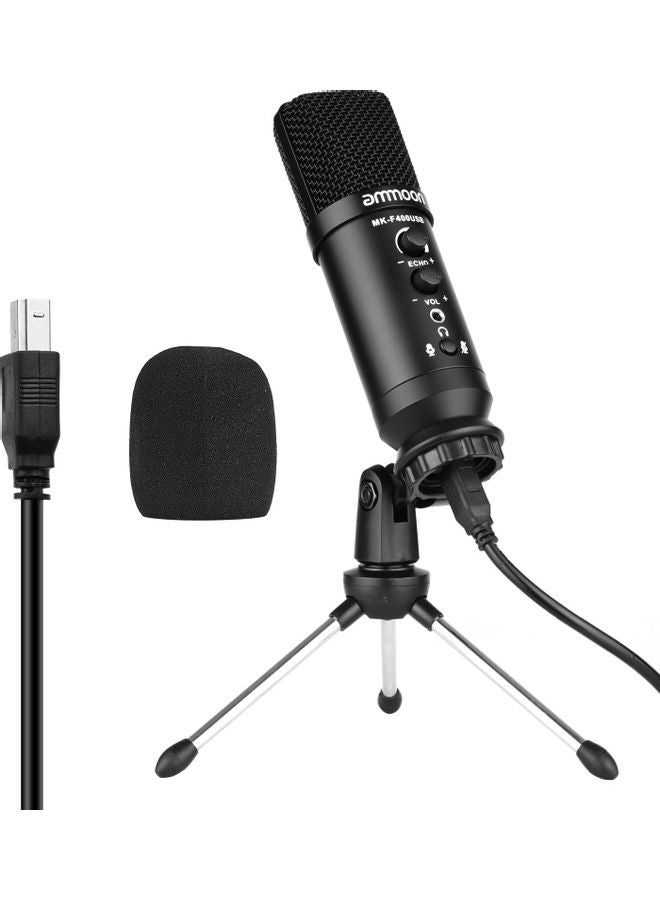 USB Condenser Microphone with Mini Desktop Metal Tripod Stand & Windscreen Black