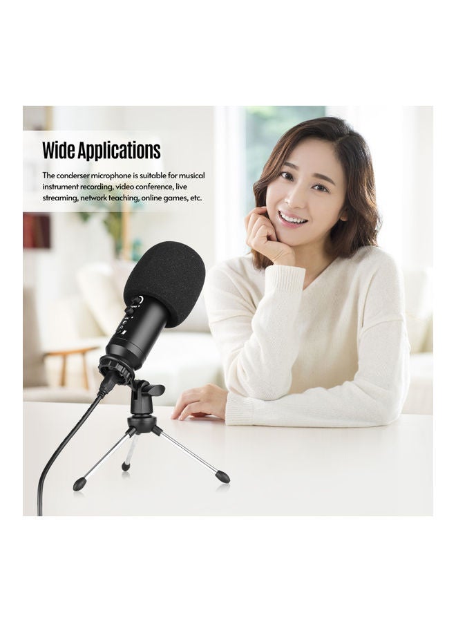 USB Condenser Microphone with Mini Desktop Metal Tripod Stand & Windscreen Black