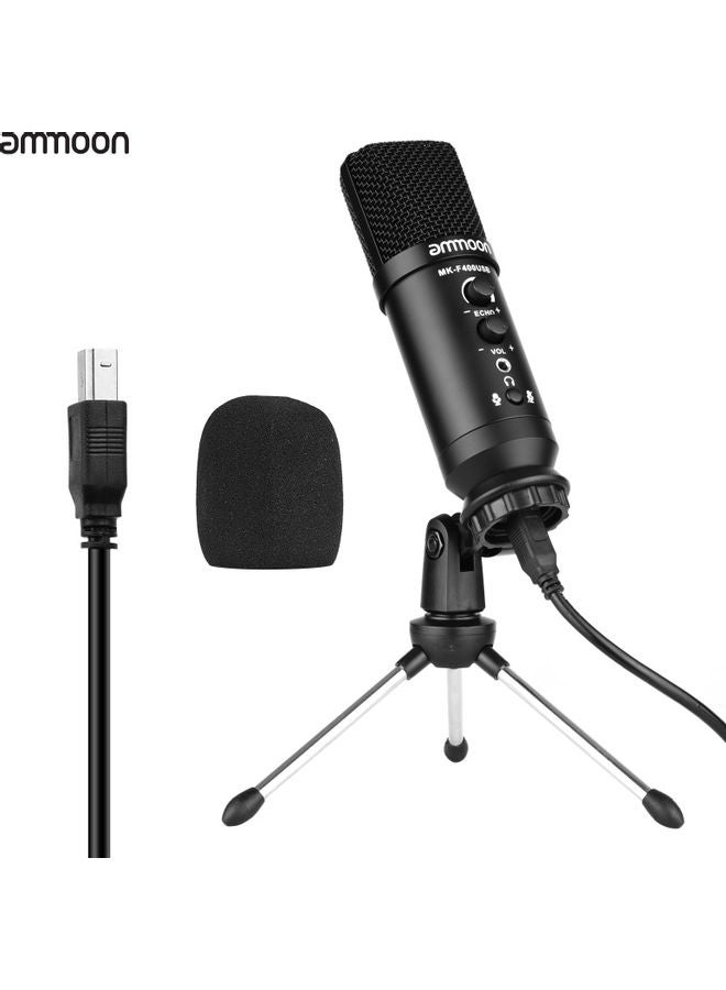 USB Condenser Microphone with Mini Desktop Metal Tripod Stand & Windscreen Black