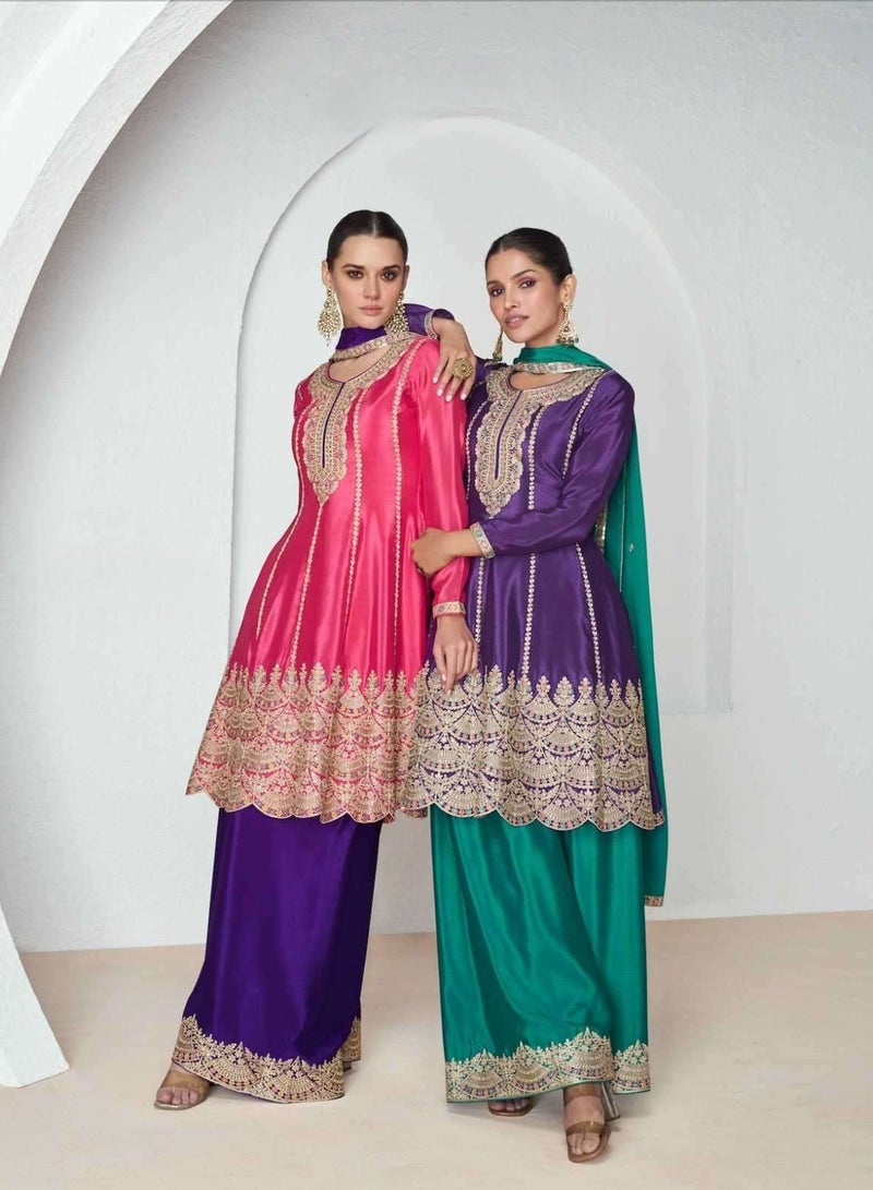 Chinon Silk Festival Party Wear Sharara Set Having Purple Kurta Plus Green Dupatta And Plazo