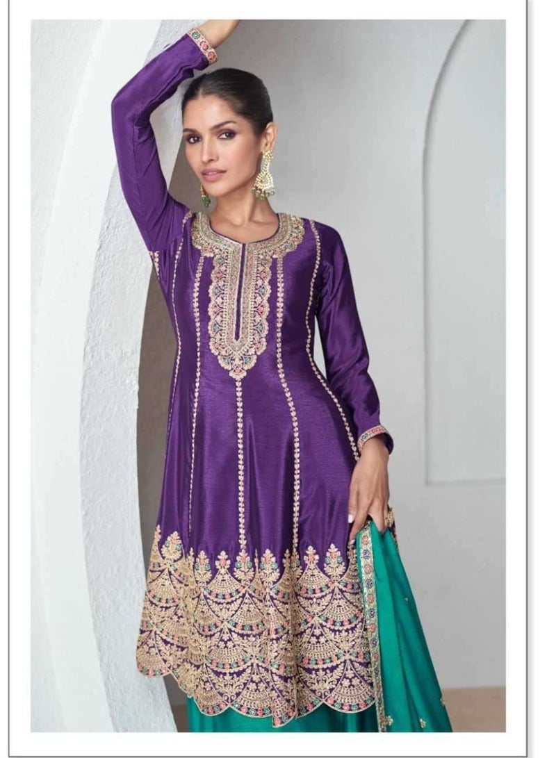 Chinon Silk Festival Party Wear Sharara Set Having Purple Kurta Plus Green Dupatta And Plazo