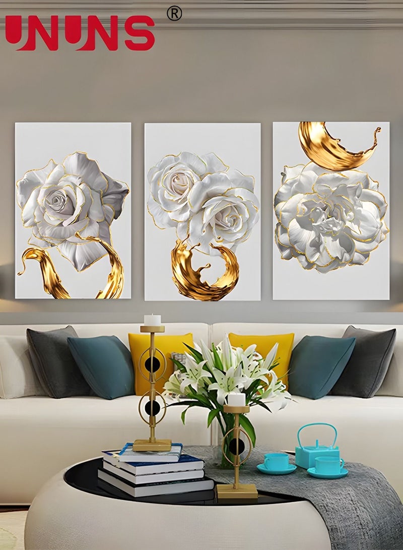 3-Piece Printed Wall Art,White Flower Gold Leaf Canvas Painting,Wall Art For Bedroom Living Room Office Wall Decor,40x60cm(Only Drawing Core)