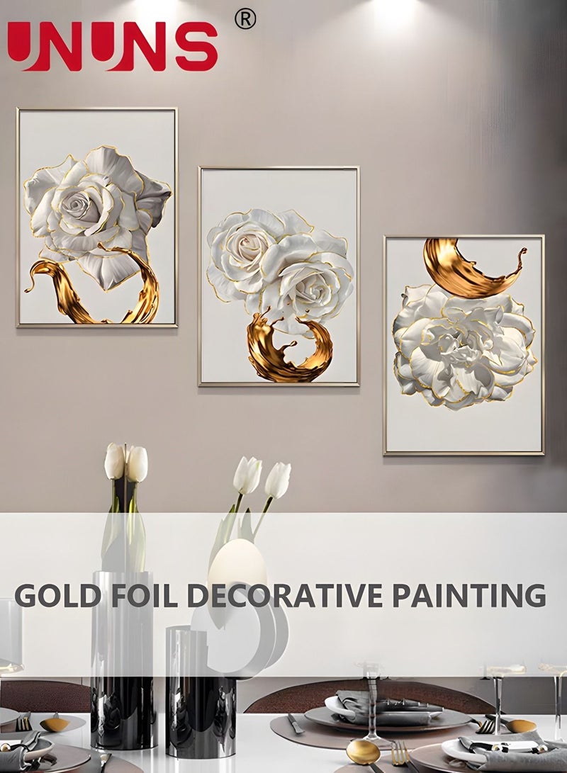 3-Piece Printed Wall Art,White Flower Gold Leaf Canvas Painting,Wall Art For Bedroom Living Room Office Wall Decor,40x60cm(Only Drawing Core)