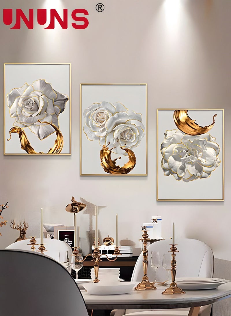 3-Piece Printed Wall Art,White Flower Gold Leaf Canvas Painting,Wall Art For Bedroom Living Room Office Wall Decor,40x60cm(Only Drawing Core)