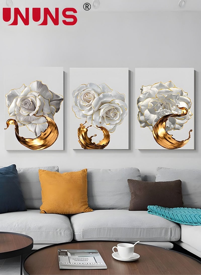 3-Piece Printed Wall Art,White Flower Gold Leaf Canvas Painting,Wall Art For Bedroom Living Room Office Wall Decor,40x60cm(Only Drawing Core)