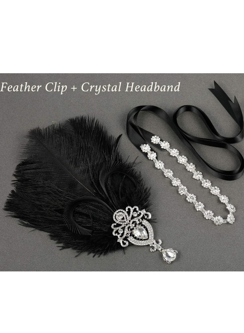 1920s Feather Headpiece, Womens Ostrich Feather Crystal Headband, Great Gatsby Hair Accessories for Women, Ribbon Tie, Flapper Accessories, Art Deco Headpiece (Black)