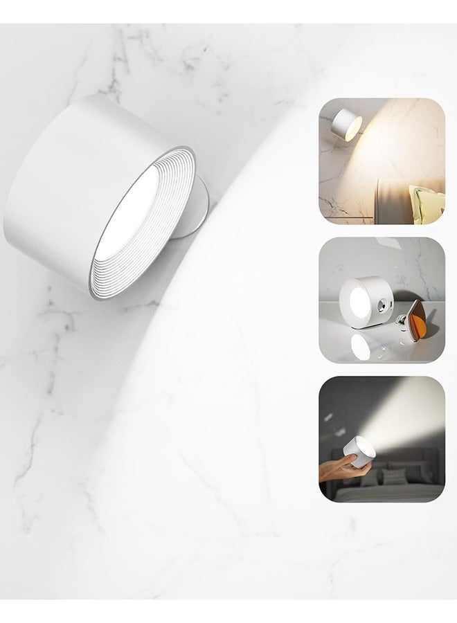 LED Wall Sconce, Wall Mounted Lamp with USB Port, 3 Color Temperature and 3 Brightness Level, 360°Rotate Magnetic Ball, Cordless Wall Light for Reading Bedside, White