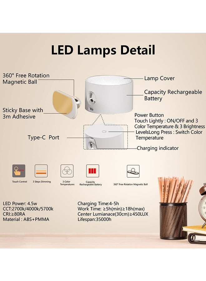 LED Wall Sconce, Wall Mounted Lamp with USB Port, 3 Color Temperature and 3 Brightness Level, 360°Rotate Magnetic Ball, Cordless Wall Light for Reading Bedside, White