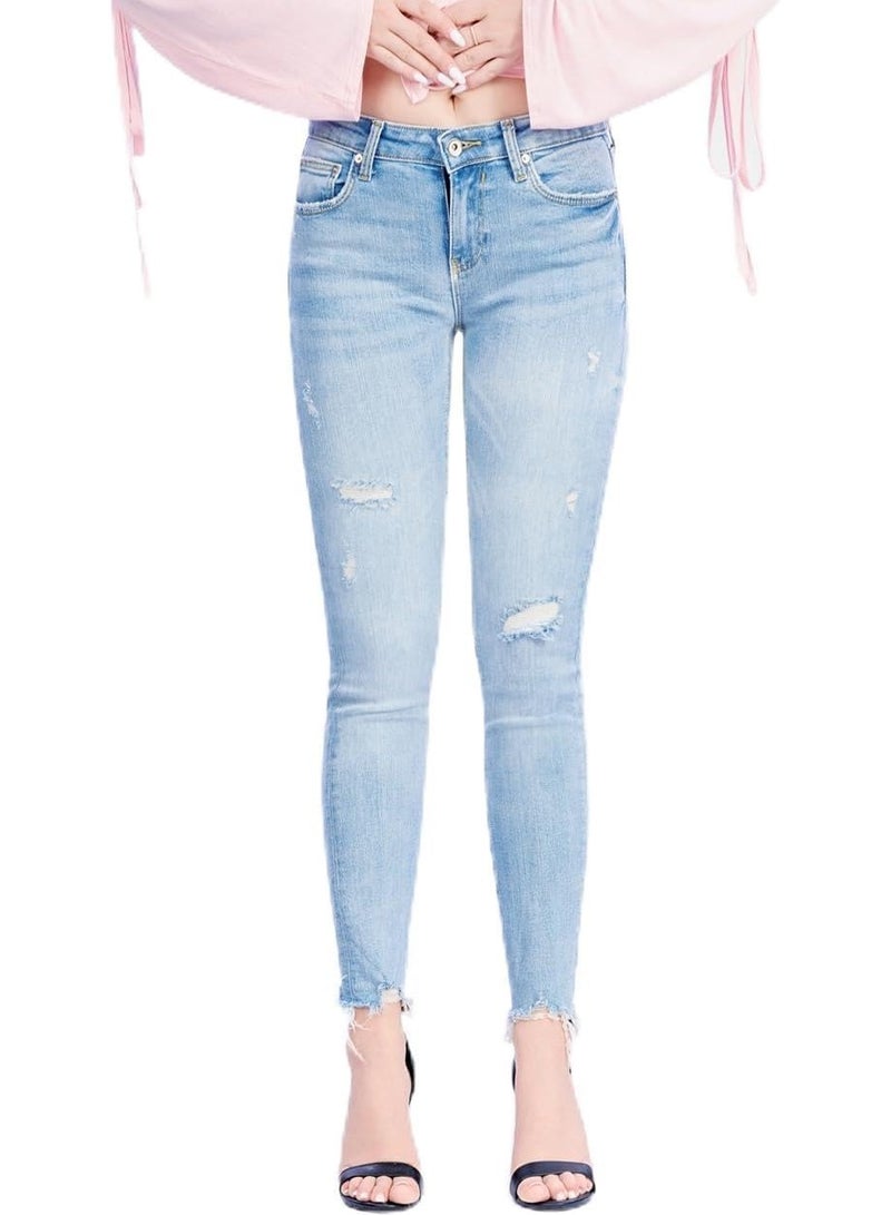 Web Denim Light Blue Skinny Stretchable Straight Bottom Fray Denim Pant Fashionable Comfort Fit Ripped Cotton Jeans With Pockets For Women