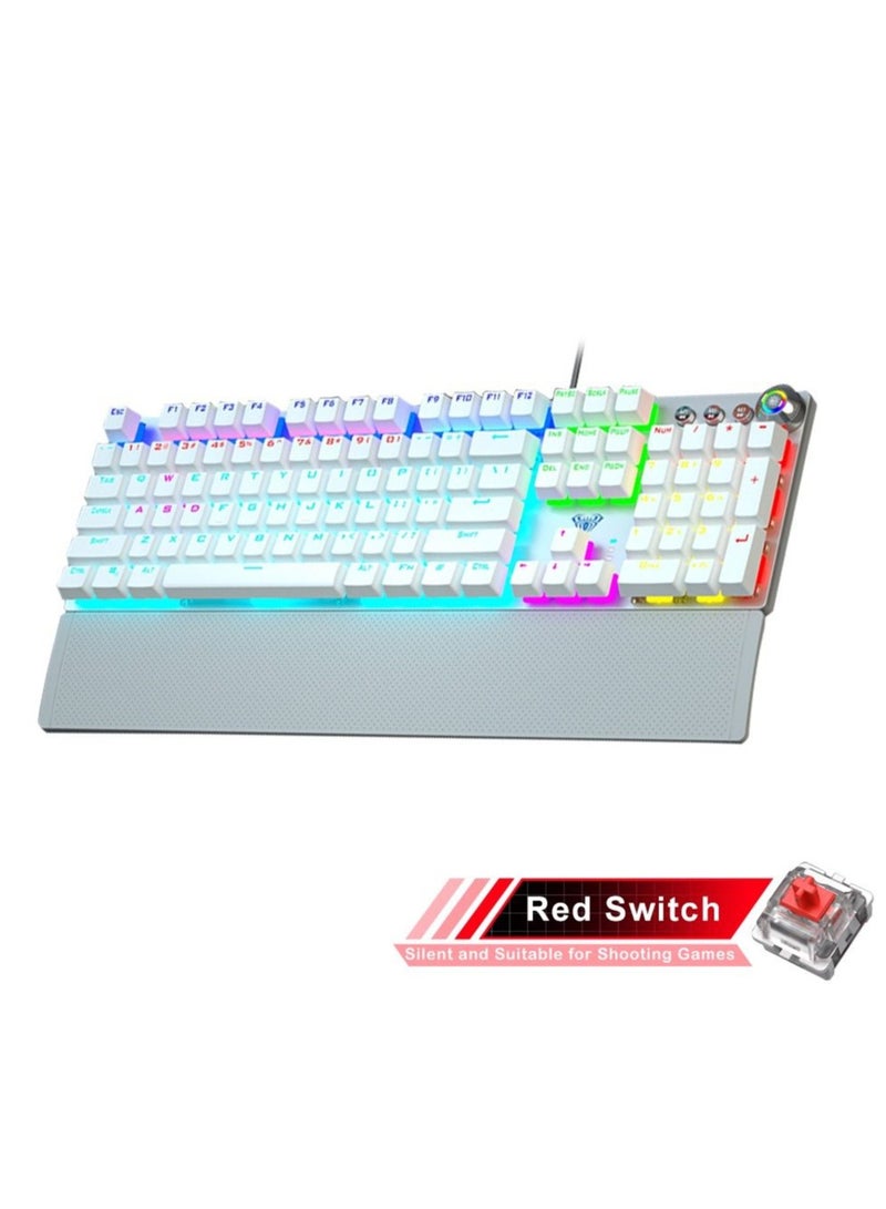 Mechanical Gaming Keyboard NKRO with Wrist Rest RGB Backlit Volume/Lighting Control Knob Fully Programmable 108-Keys Anti-Ghosting Wired Computer Keyboards for Office/Games, Red Switch