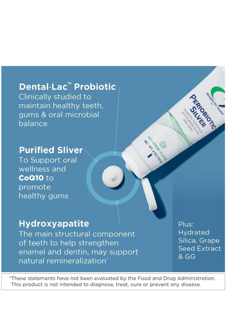 Designs for Health PerioBiotic Silver Hydroxyapatite Toothpaste - Fluoride Free Toothpaste with Oral Probiotics with Whitening Hydroxyapatite - Supports Gum Health & Remineralization (4oz Mint)