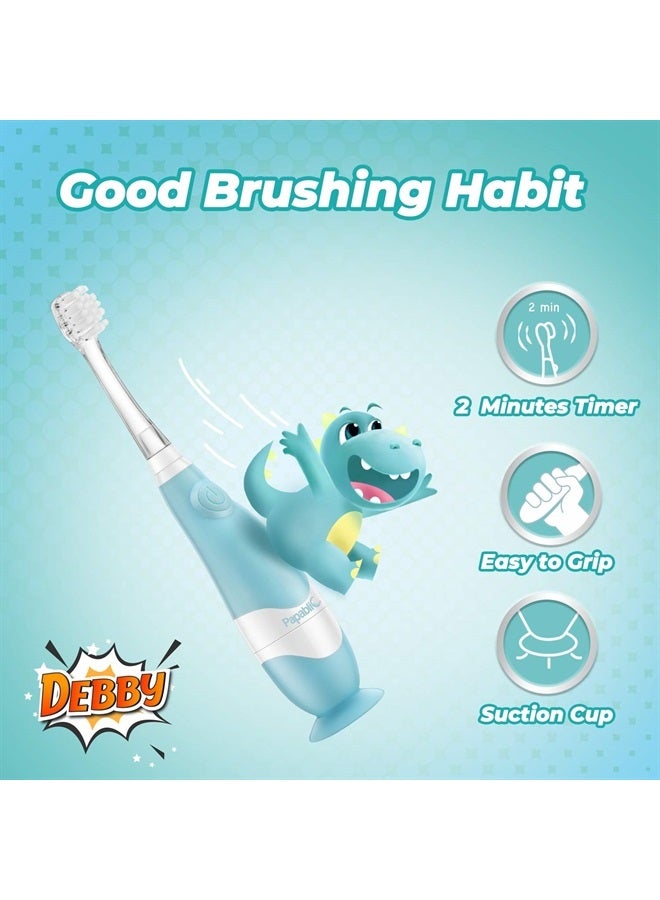 Toddler Sonic Electric Toothbrush for Ages 1-3 Years, Baby Electric Toothbrush with Cute Dino Cover and Smart LED Timer, 4 Brush Heads (Debby)