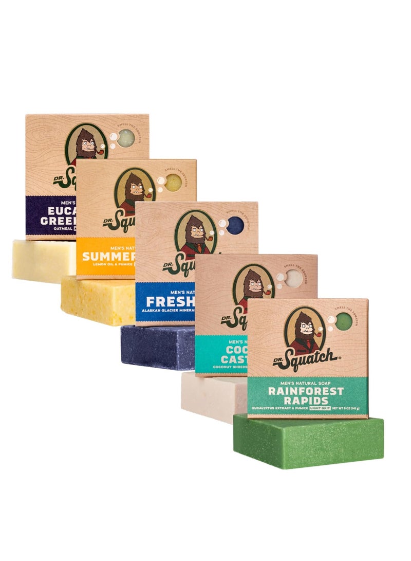 Dr. Squatch All Natural Bar Soap for Men, 5 Bar Variety Pack - Men's Natural Bar Soap - Rainforest Rapids, Coconut Castaway, Fresh Falls, Summer Citrus, and Eucalyptus Greek Yogurt - Soap Gift