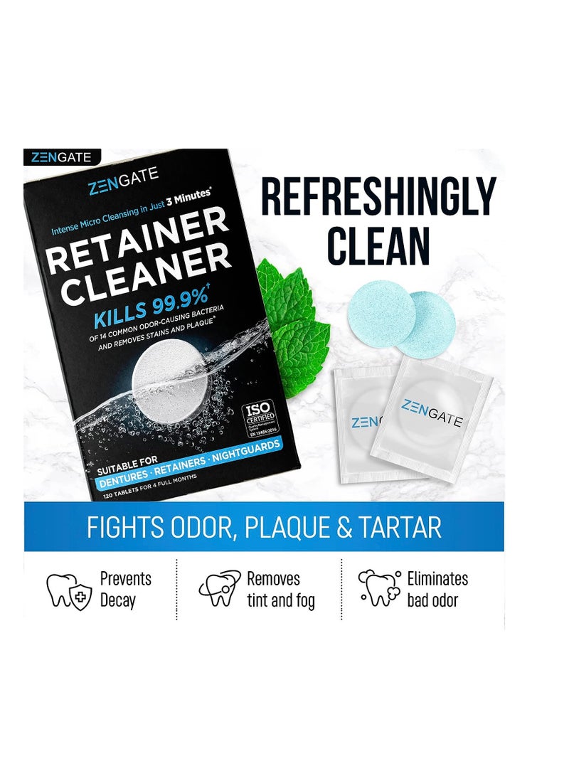 Retainer Cleaner Tablets - Quick 3-Minute Clean for Dentures, Mouth Guards, Aligners, and Night Guards - 120 Dental Cleansing Tablets - FSA HSA Approved Dental Appliance Cleanser