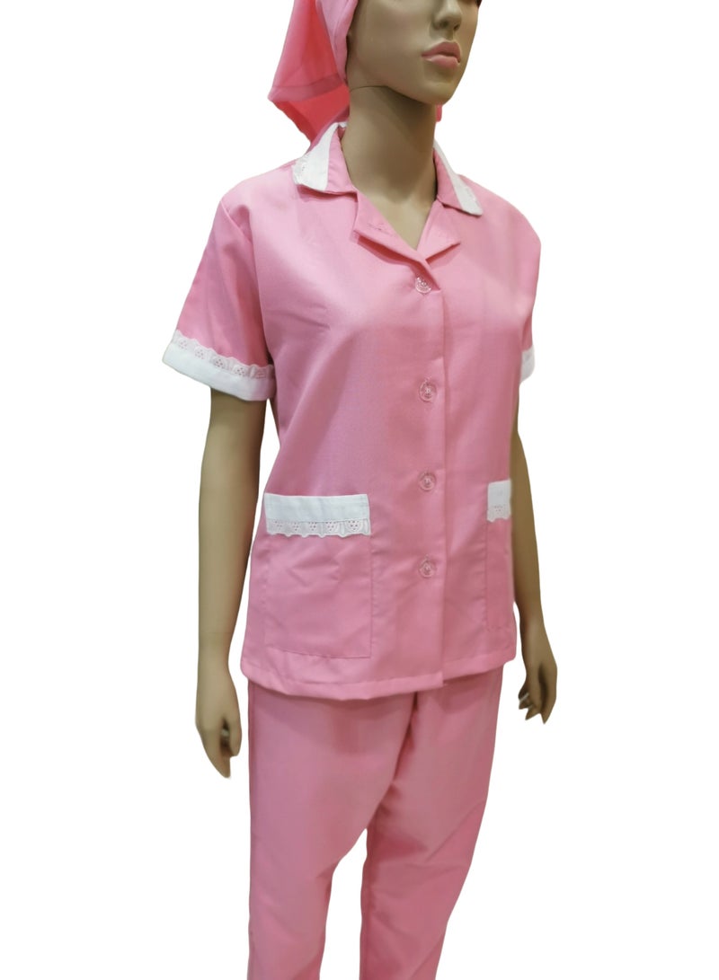 Maid Uniform with Buttons Top and Pants Pink Domestic Helper Uniform